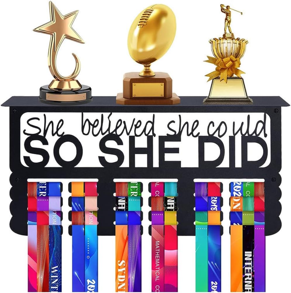 Upgraded Medal Display with Trophy Shelf & Ribbon Holder - Wall Mount Sports Medal Hanger with Motivational Words for Basketball, Gymnastics, Softball, Soccer, Swimming Awards