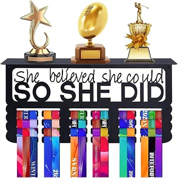 Medal Holder Display with Trophy Shelf, Wall Mount Sports Medal Hanger Upgraded Trophy Shelf Organizer for Gymanstics, Race Bib Holder Rack for Running, Marathon, Cycling, Swimming
