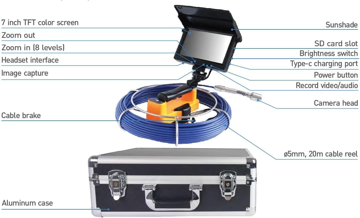 Vividia VS-2329 Portable Sewer Pipe Inspection Camera, 23mm/0.9in Diameter Camera Head, 30m/98ft Long Push-Rod Cable, 7in LCD Monitor