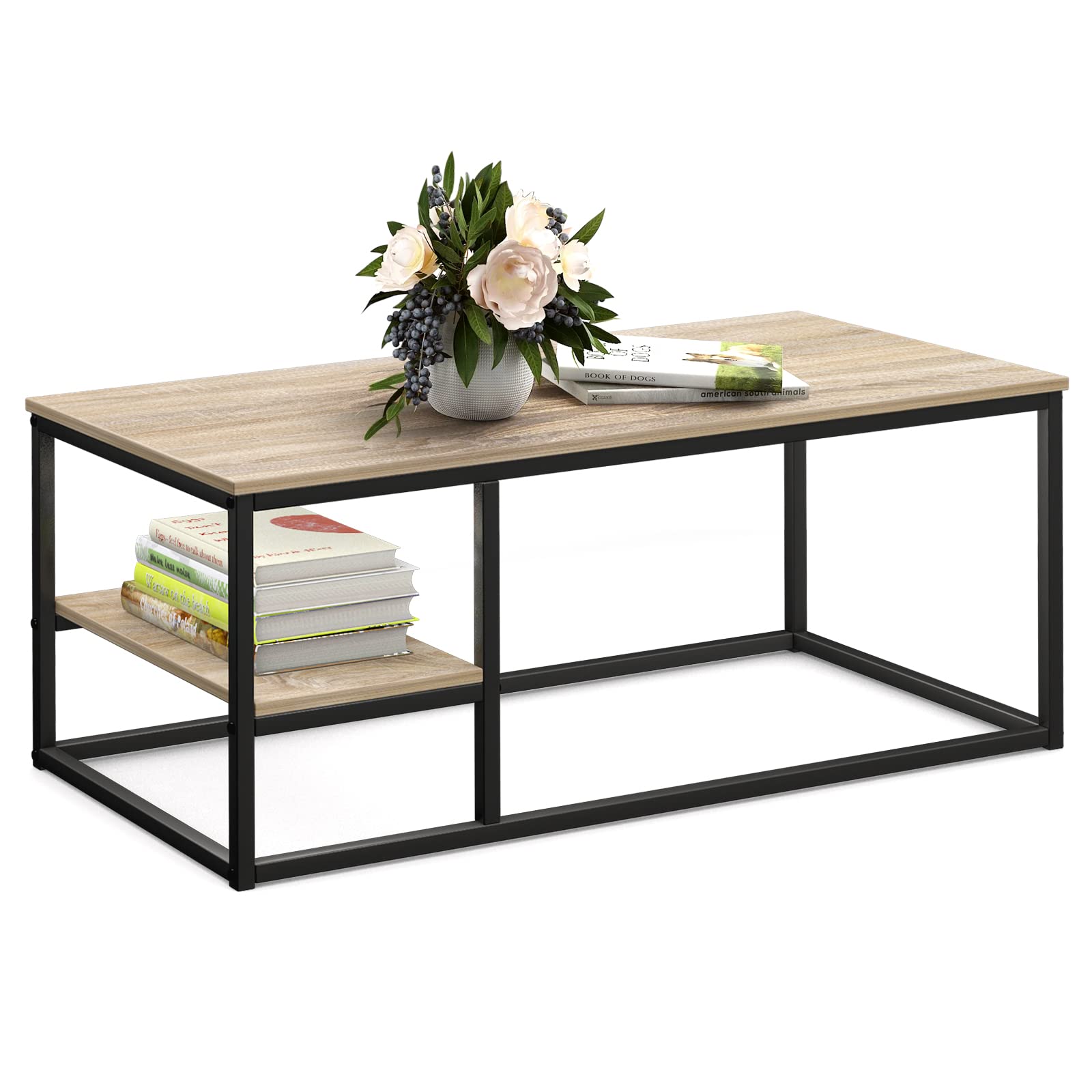 VOWNER Table Basse Salon avec Structure et étagère en Acier, Design Industriel, Style Scandinave, Facile à Assembler, Table de Canapé en Bois, Couleur du Bois