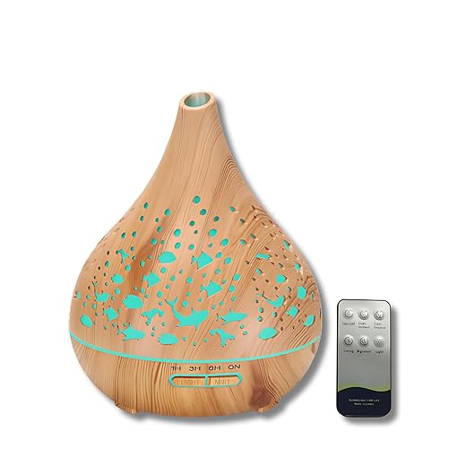 Umidificador e Difusor Ultrassônico 400ml com Aromatizador de Óleos Essenciais, LED 7 Cores e Controle Remoto – Para Aromaterapia e Purificação do Ar (Madeira Clara)