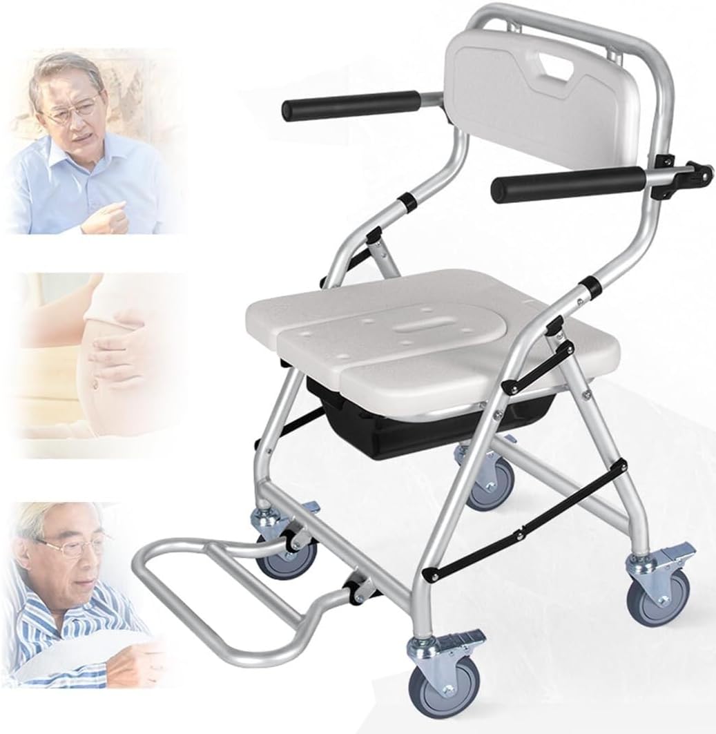 Commode Toilet Chair with Wheels, Bedside Commodes for The Elderly, Disabled Shower Chair with Wheels, Commode Shower Wheelchair with Footrest
