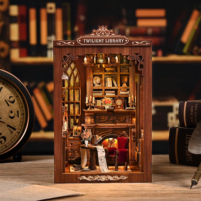 Twilight Library - Kit fai da te con angolo per libri, modello in miniatura in legno con luce LED, 194 pezzi