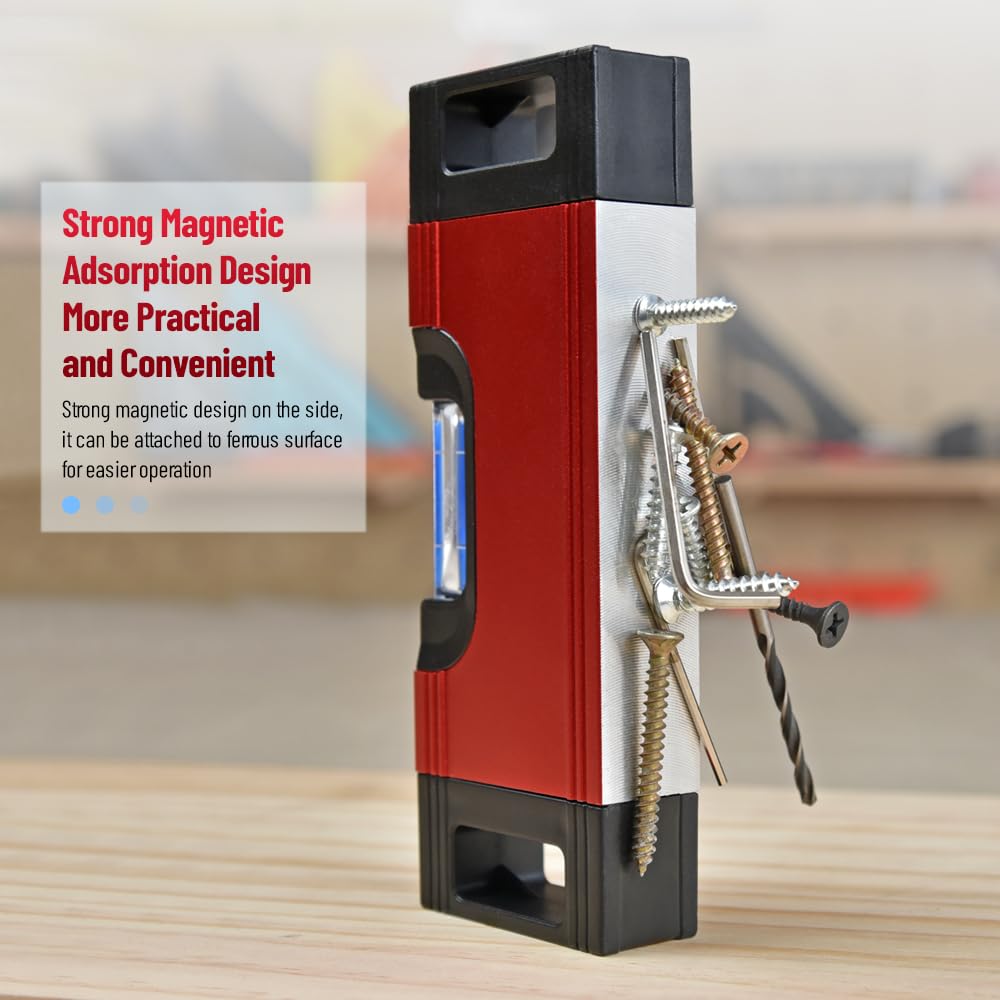 Mini nivel de burbuja magnético, nivel de burbuja de aleación de aluminio con asas dobles, vial azul, para carpintería, colgar cuadros e instalación de muebles (rojo, 14,40 cm)