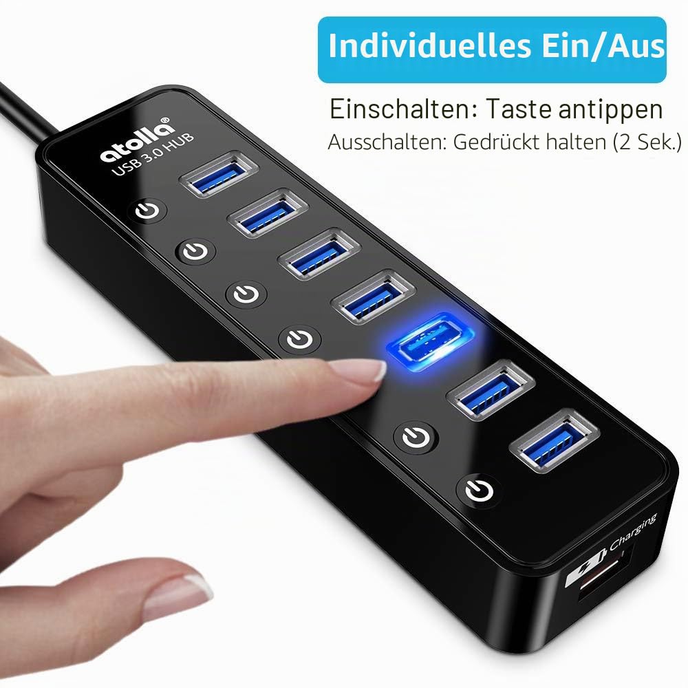 Atolla USB 3.0-Hub, 7 Ports, Multi-USB-Port, Stromversorgung mit Schalter, unabhängig, 5 V/3 A, 15 W, Adapter für Stromversorgung, Schwarz 7 ports Hub USB 3.0 avec 15w adaptateur