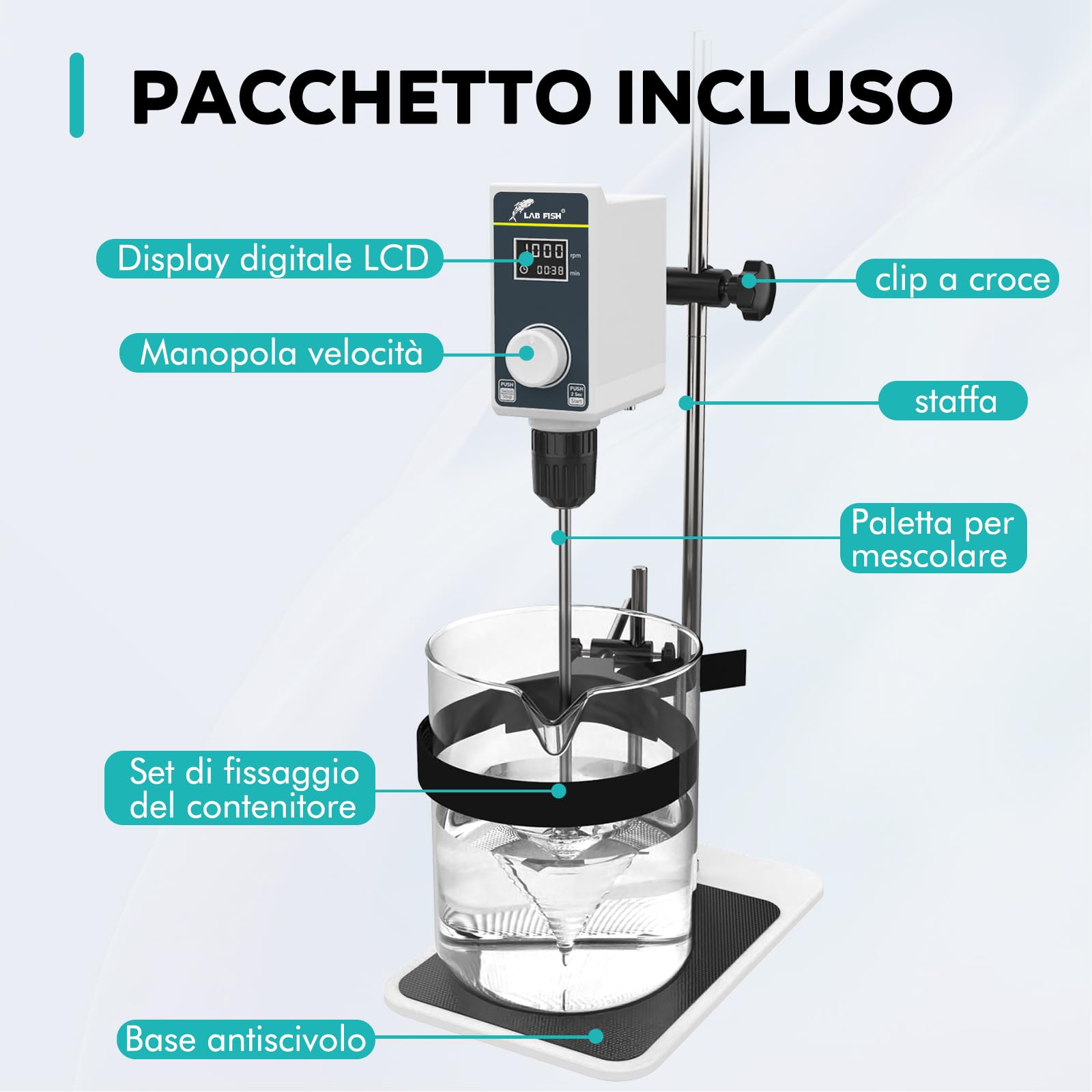 LAB FISH Agitatore a Immersione Overhead Stirrer, Miscelatore da Laboratorio 50W con Pala e Supporto Acciaio Inox, Velocità Regolabile 100-2000 RPM, Timer 1min-24h, per 20L & 20000 mPas