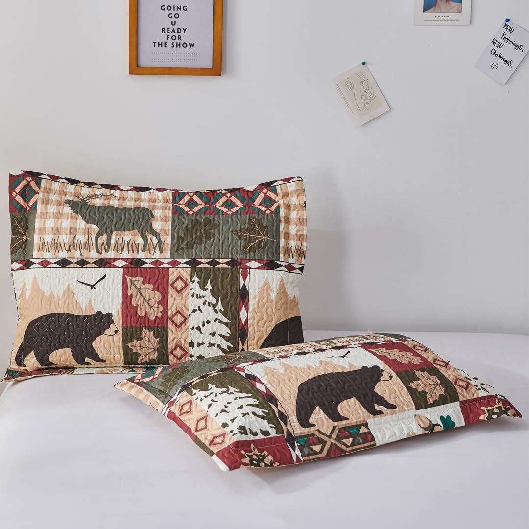 Oliven 3 Pcs Reversible Rustic Quilt Set King Size Moose Bear Bedspread Lodge Bedding Plaid Themed Cabin Coverlet Wildlife Forest Daybed Cover Summer Lightweight Bed Cover Pillow Shams