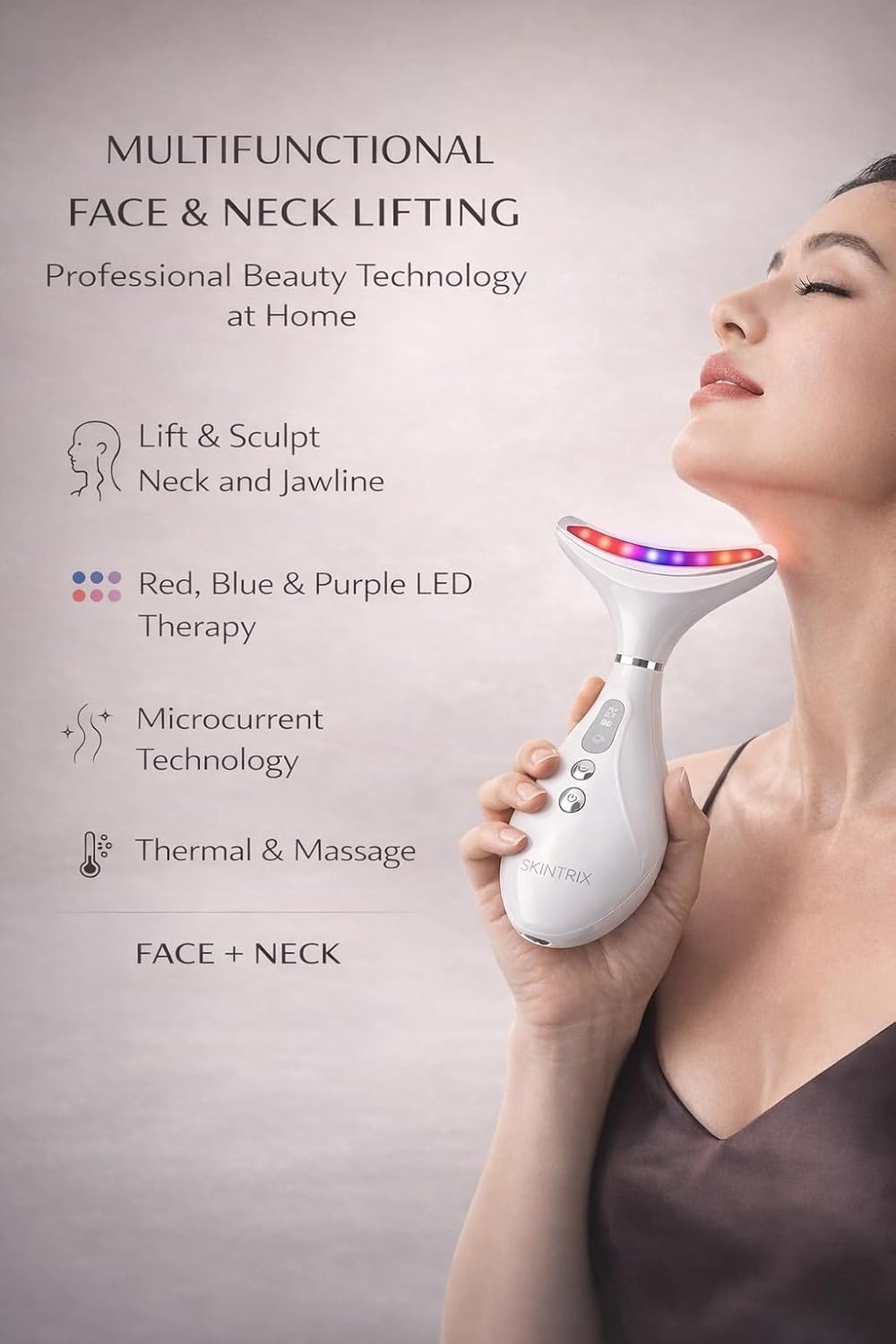 Red Light Face and Neck Beauty Device, 3-in-1 Massager with Vibration and Warming Function for Daily Skincare Routine (White)