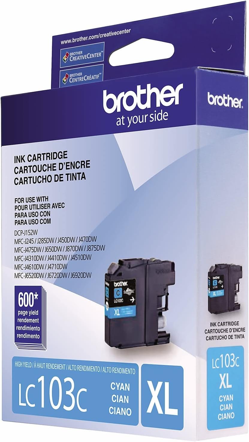 Brother LC-103C DCP-J132 J152 J171 J4110 J552 J752 MFC-J245 J285 J4310 J4410 J450 J4510 J870 J875 Ink Cartridge (Cyan) in Retail Packaging