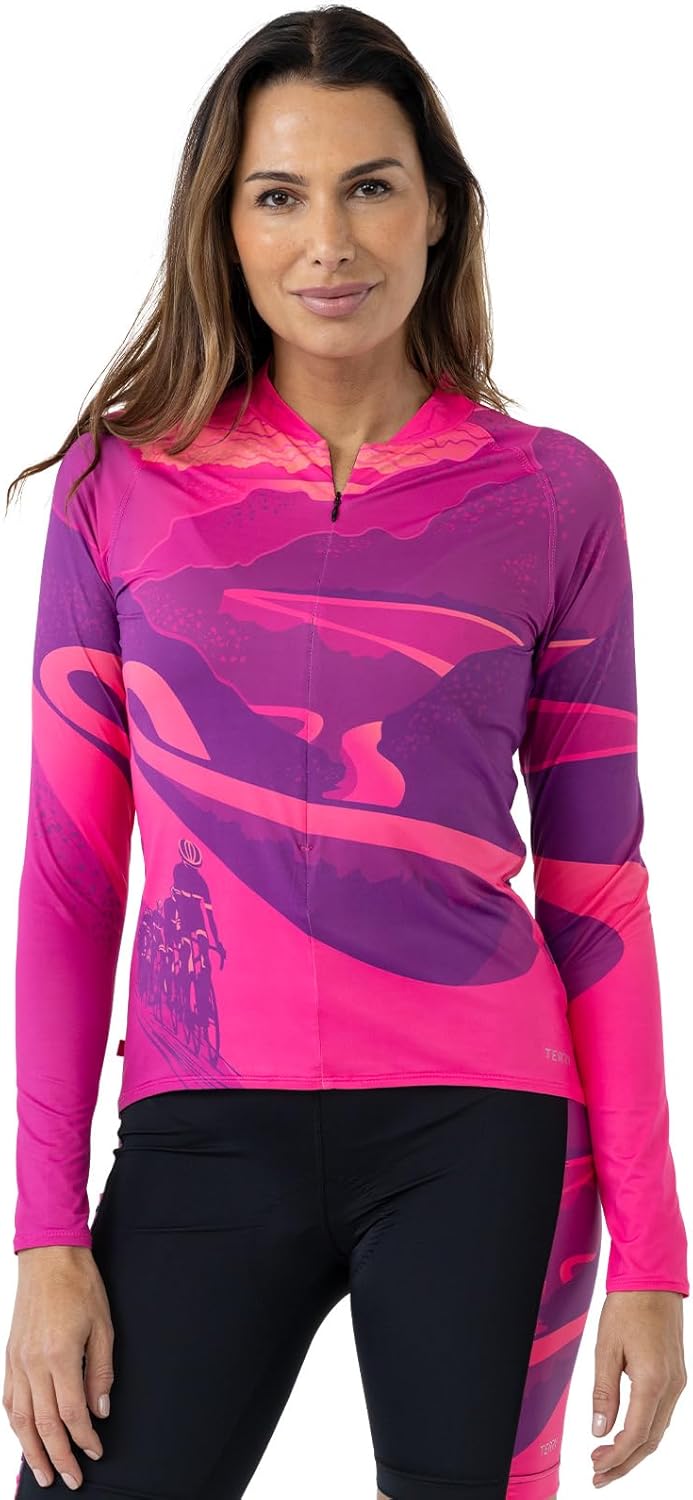 Terry Soleil Long Sleeve Bike Jersey - Womens Athletic Fit UPF 50+ Sun Protection - 14 Inch Front Zip Cycling Top