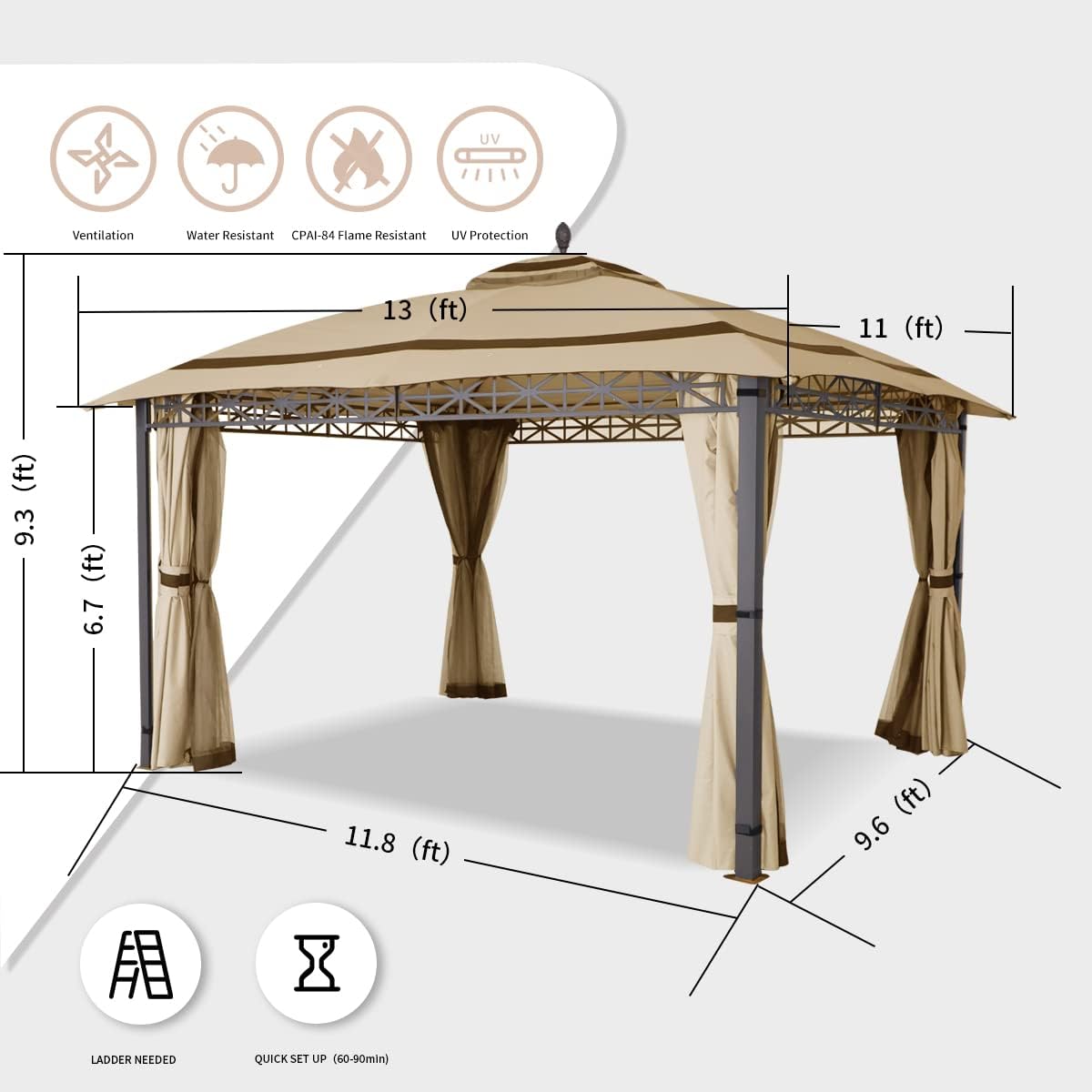 Diagram showing the dimensions of the 11x13 gazebo, including height and base measurements.