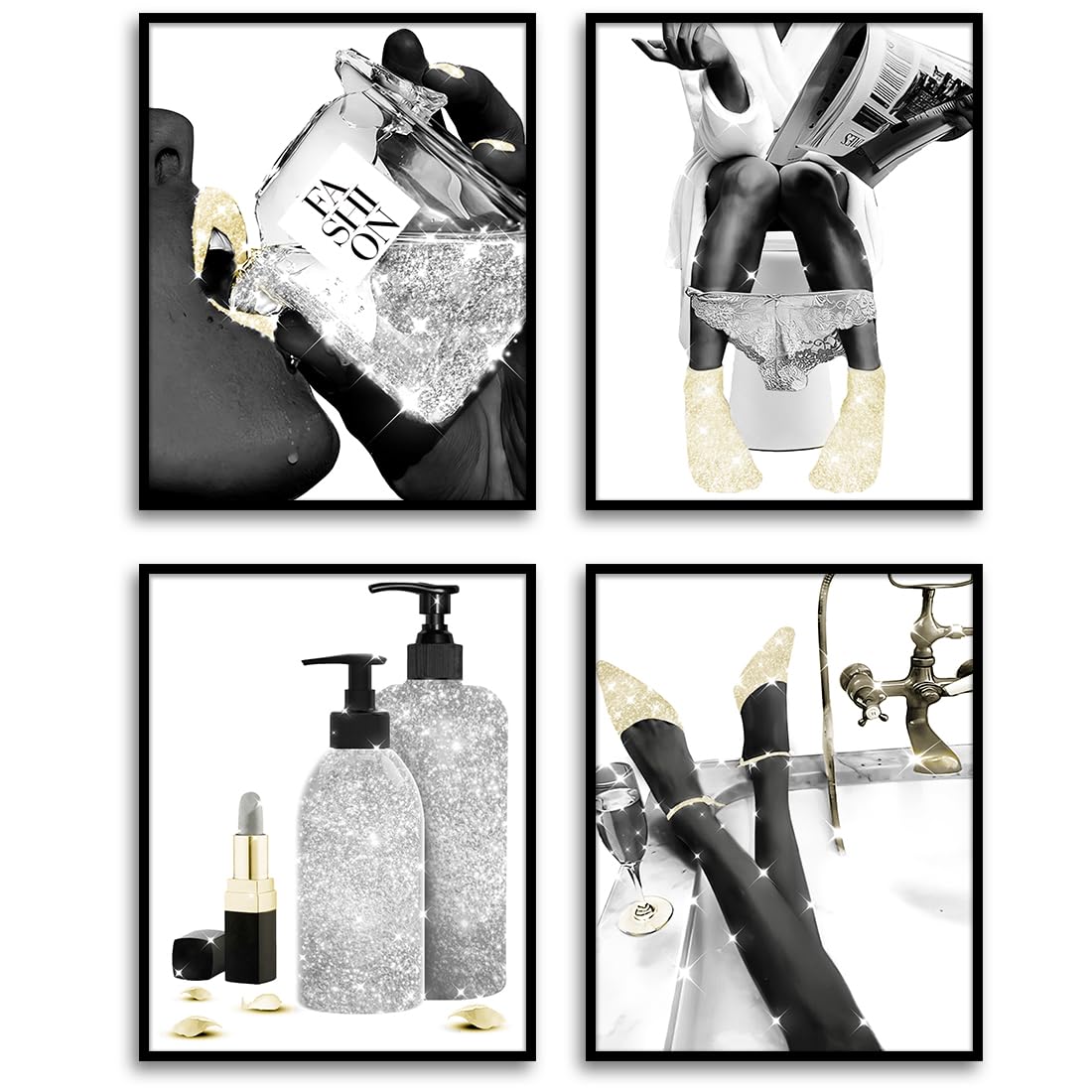 Photo 1 of Fashion Wall Art Gold Glam Bathroom Canvas Wall Art Black and White Poster Prints Pictures Modern Perfume Flowers Women Bathroom Wall Decor Artwork for Girl's Bedroom, Set of 4, 8x10in UNFRAMED White and gold 8x10inchx4