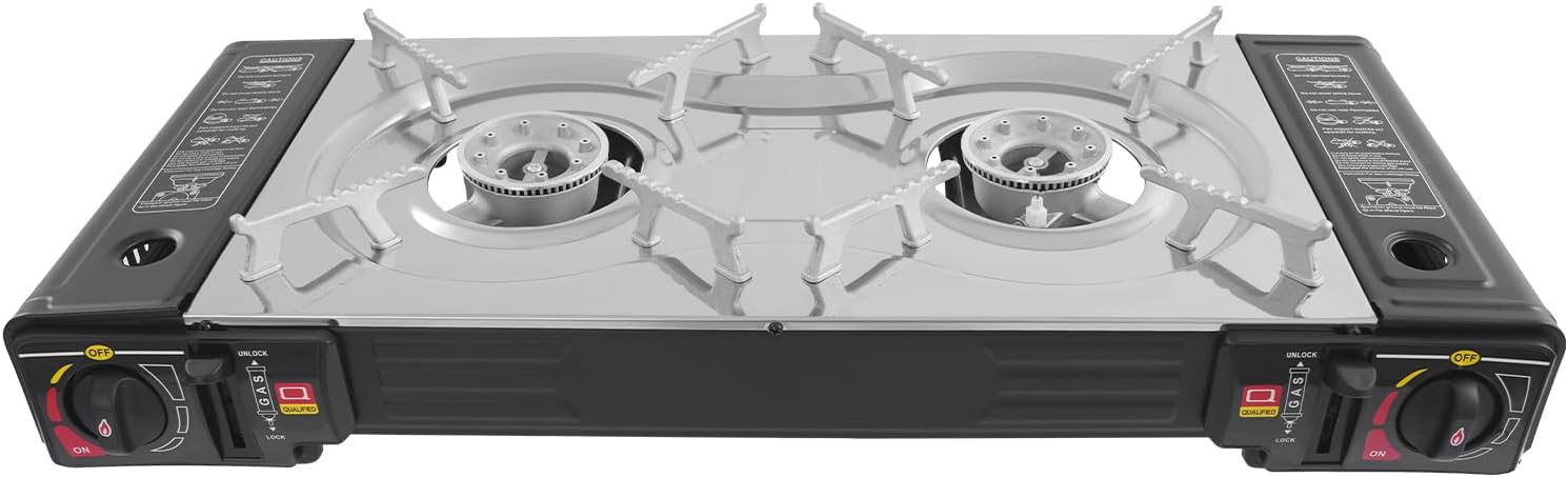 2-Burner Butane Stove, Portable Camping Stove with Grill Tray, Automatic Ignition, Outdoor Travel Camp Stove with Carry Case & Push-Button for Camping Tailgating (With Grill Tray-B)