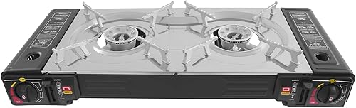 Miniatura 5 de Estufa de butano de 2 quemadores Estufa de camping de butano con bandeja de parrilla y funda de transporte, estufa de camping portátil para viajes