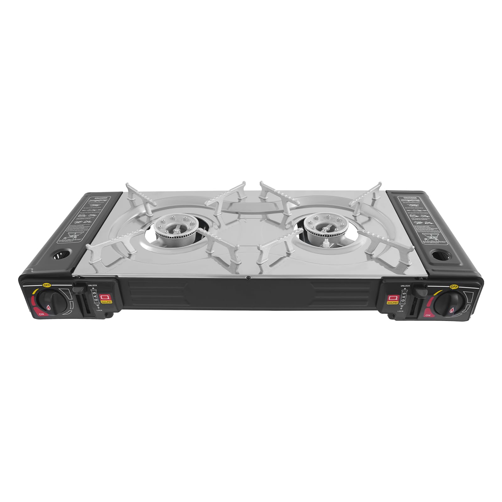 Hornillo de gas para camping de 2500 W, 2500 W, set con parrilla, placa de gas portátil con maletín, cocina de gas rectangular doble, cocina de camping, cocina de gas para exterior, balcón y mesa