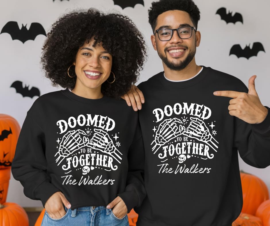 Doomed Together Couple Halloween Sweatshirts – Personalized Matching Skeleton Hands Pullover, Fun Spooky Season Outfit for Couples White3