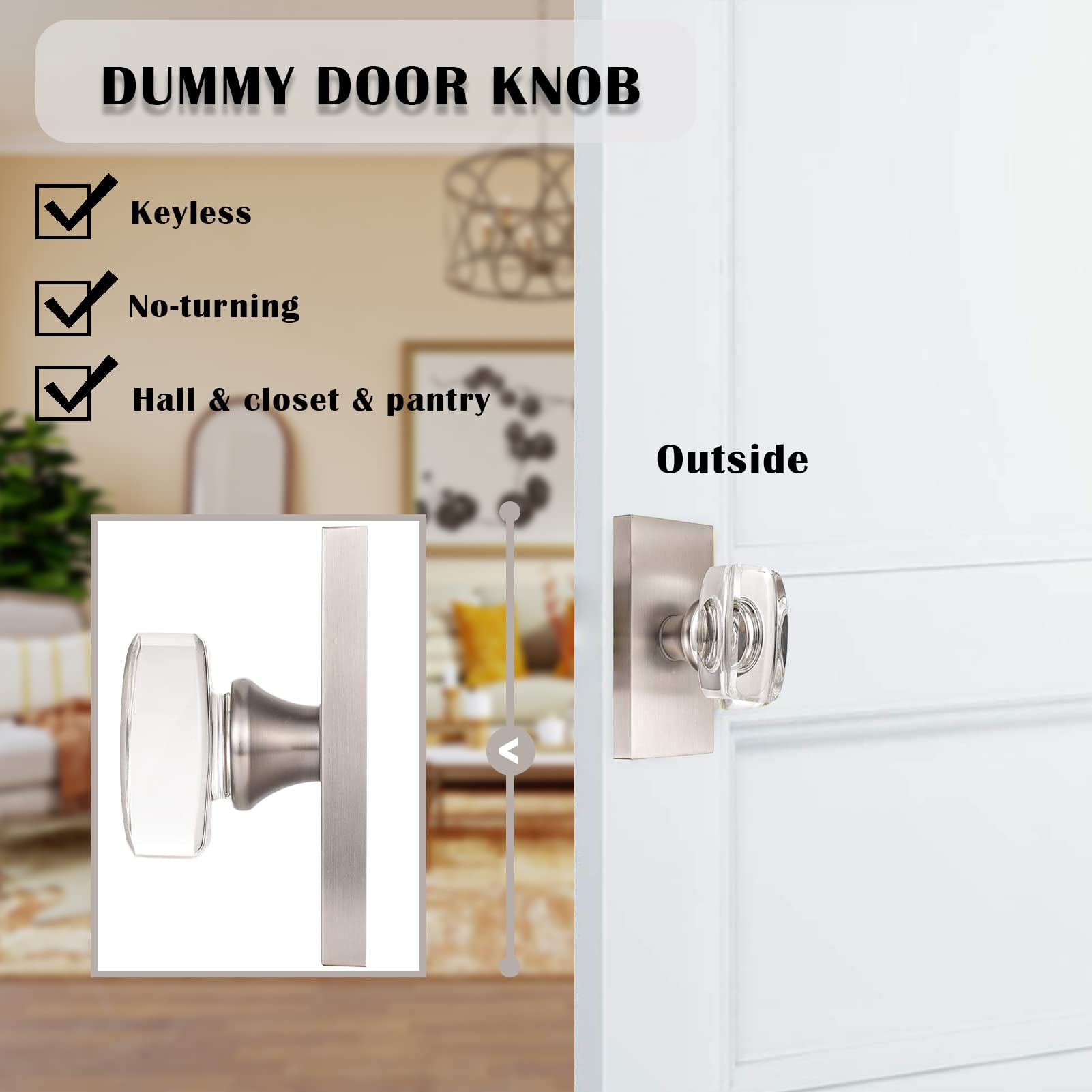 HIEMEY Glass Dummy Door Knobs Interior, Inactive Crystal Dummy Door Knobs for Closet/Hall, Brushed Satin Nickel, Square, 2Pack