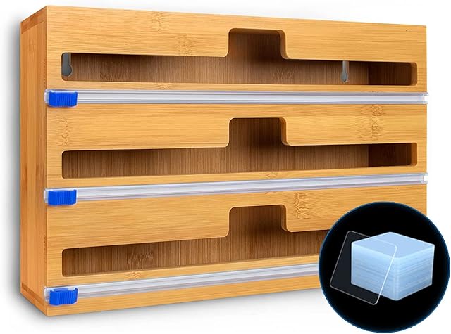 Skymoo WrapNeat Dispenser Cutter , Plastic Wrap, Aluminum Foil and Wax Paper Dispenser for Kitchen Drawer, Bamboo Roll Organizer Holder, with non-marking double-sided tape (3 in 1)
