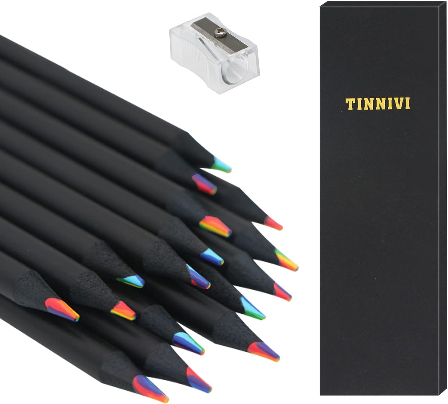 TINNIVI Art Supplies for Kids and Adults, 7 Color in 1 Black Wooden Rainbow Colored Pencils, Pre-sharpened, Multicolored Core, with Sharpener, for Coloring Books, Drawing, Sketching (16pcs) : Office Products