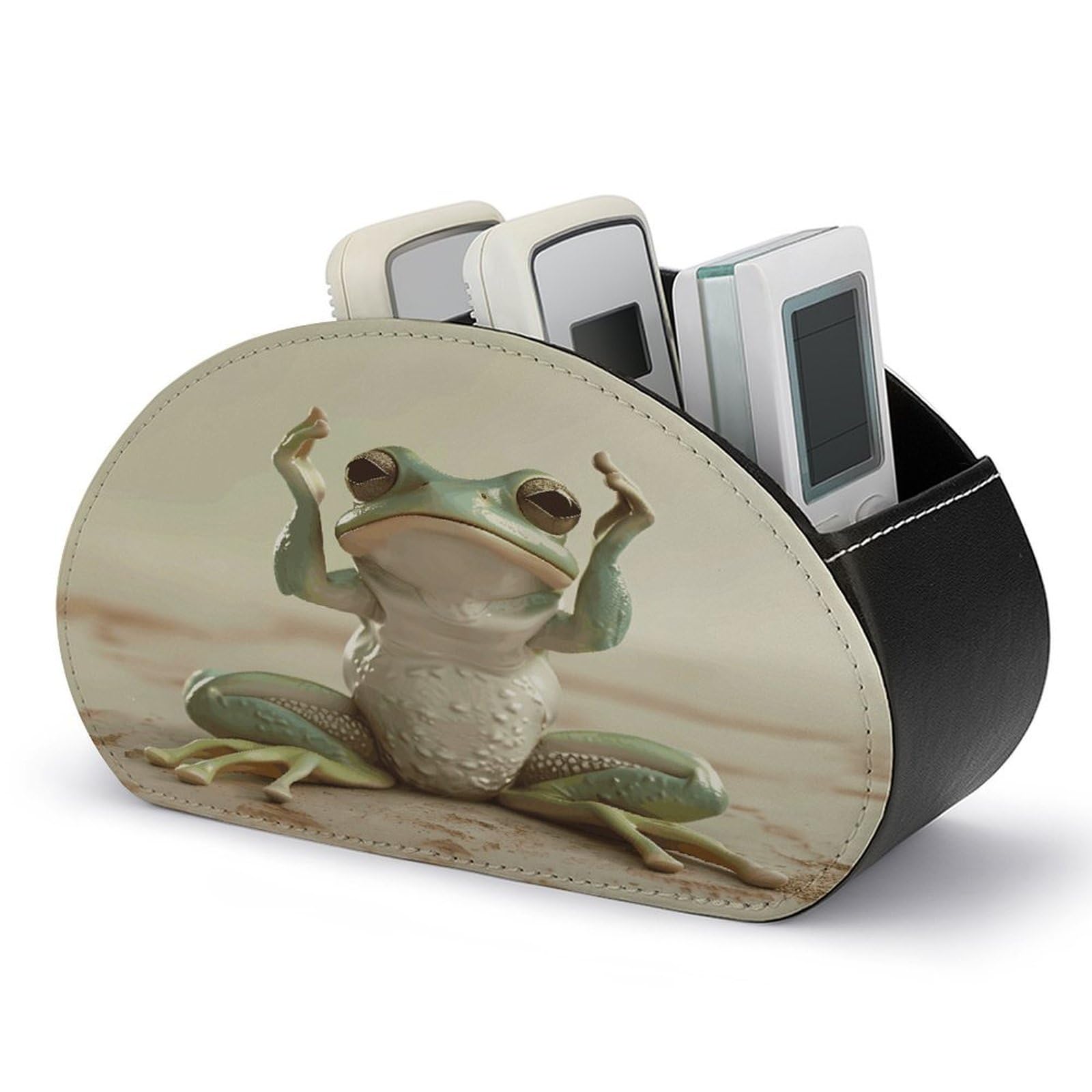 LZQPOEAS Cute Funny Frog Doing Yoga Remote Control Holder with 5 Compartments PU Leather Remote Organizer Box Caddy for Table Nightstand Remote Caddy Desktop Organizer Fits Media Controllers