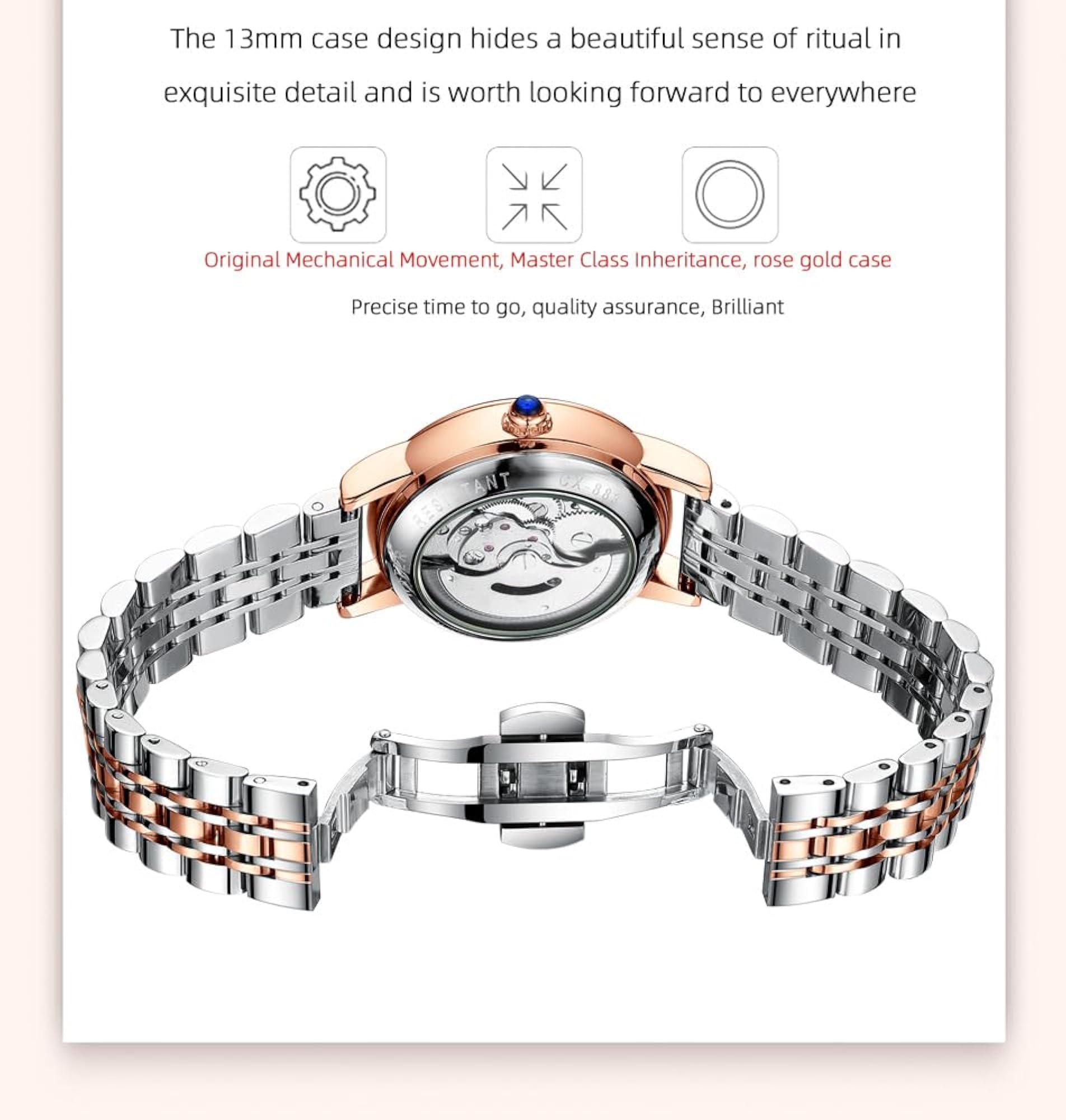 Women's Mechanical Watch with Roman Numerals, Waterproof