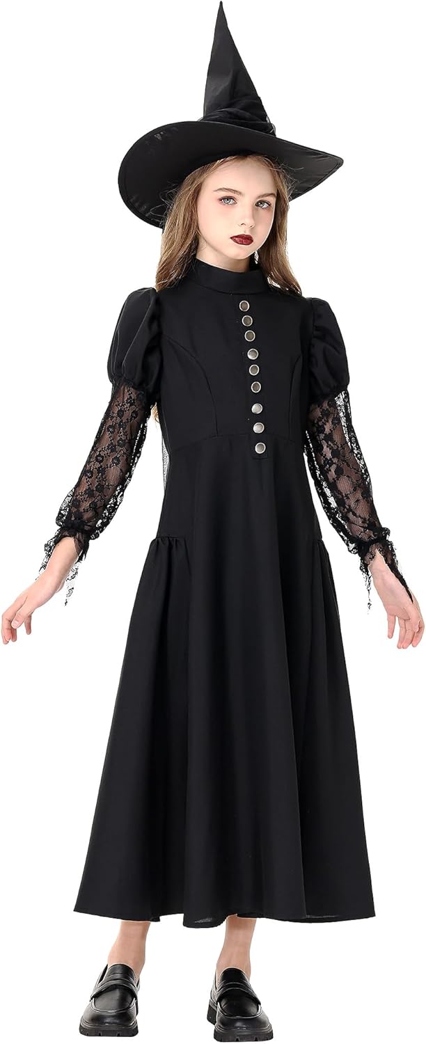 LETIME Witch Costume for Girls Halloween Kids Black Wicked Witch Costume Dress up Outfit with Hat for Teens Trick-or-Treat - Image 2