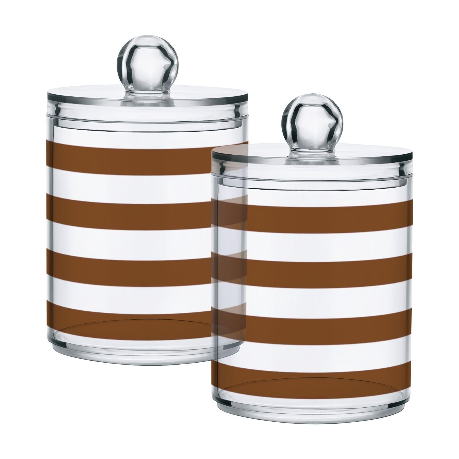 FLildon Brown White Stripes Qtip Holder Dispenser, Bathroom Organizer and Storage Containers, 2Pack Clear Plastic Apothecary Jars with Lids for Cotton Ball, Cotton Swab, Floss