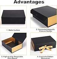 Vista 5 de 4 Pack 12x9x4 Inches Gift Boxes with Magnetic Closure Lids, Black-Gold Magnetic Box with Ribbon for Wedding, Groomsmen Bridesmaid Proposal, Negro Oro