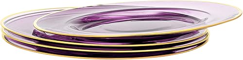 Vikko Cargador de vidrio, 13 pulgadas, cargador de plato de cristal lila con borde dorado, juego de 4 elegantes cargadores de ajuste de lugar