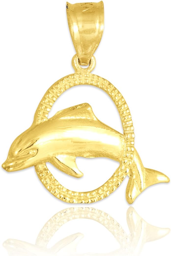 Solid 14k Yellow Gold Hoop Jumping Dolphin Pendant Necklace - Image 2
