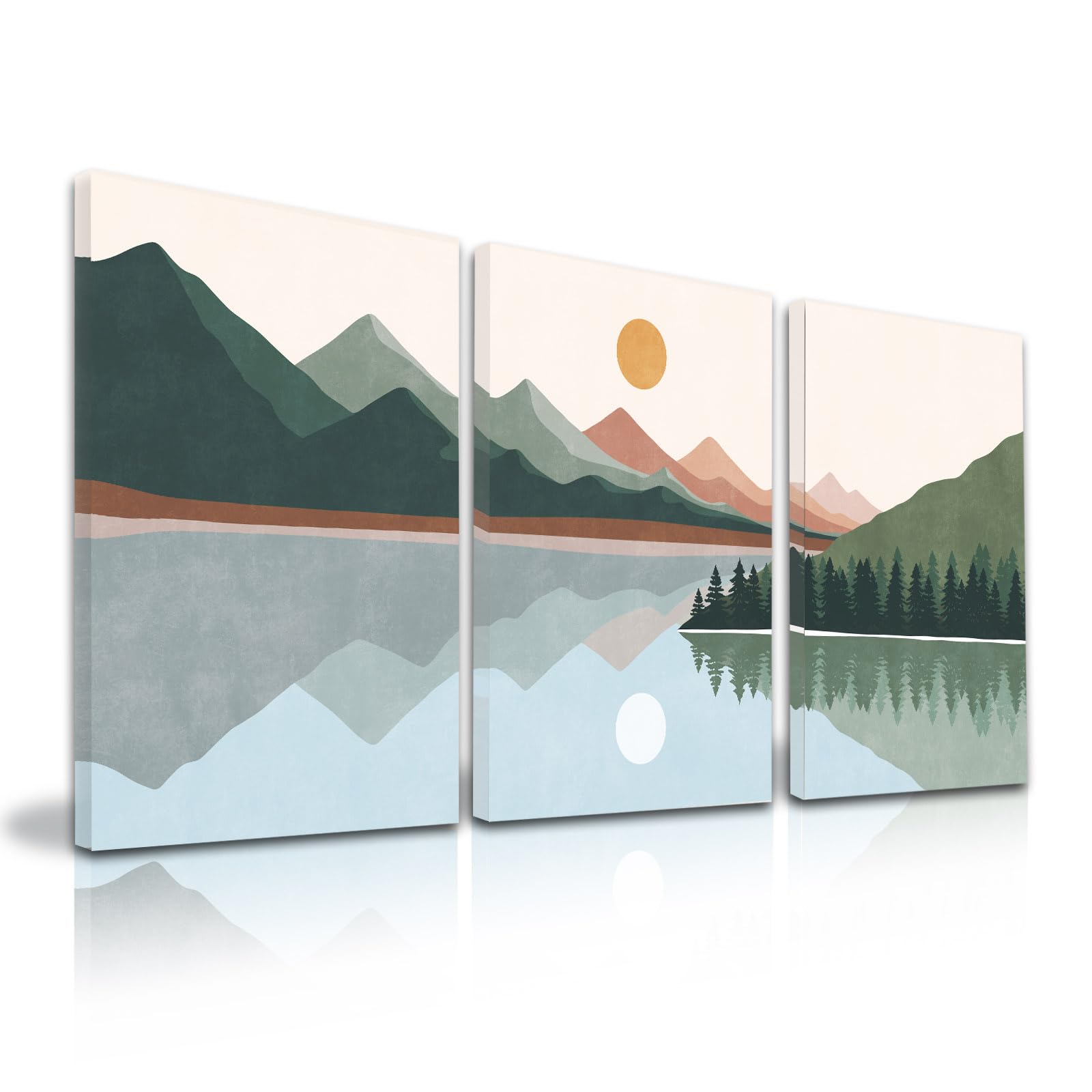 Boho Canvas Watercolor Mountain Wall Art, Forest Canvas Wall Art for Home Decor, Boho Minimalist Geometric Abstract Wall Decor for Bedroom Living Room Bathroom-12x16x3 Framed