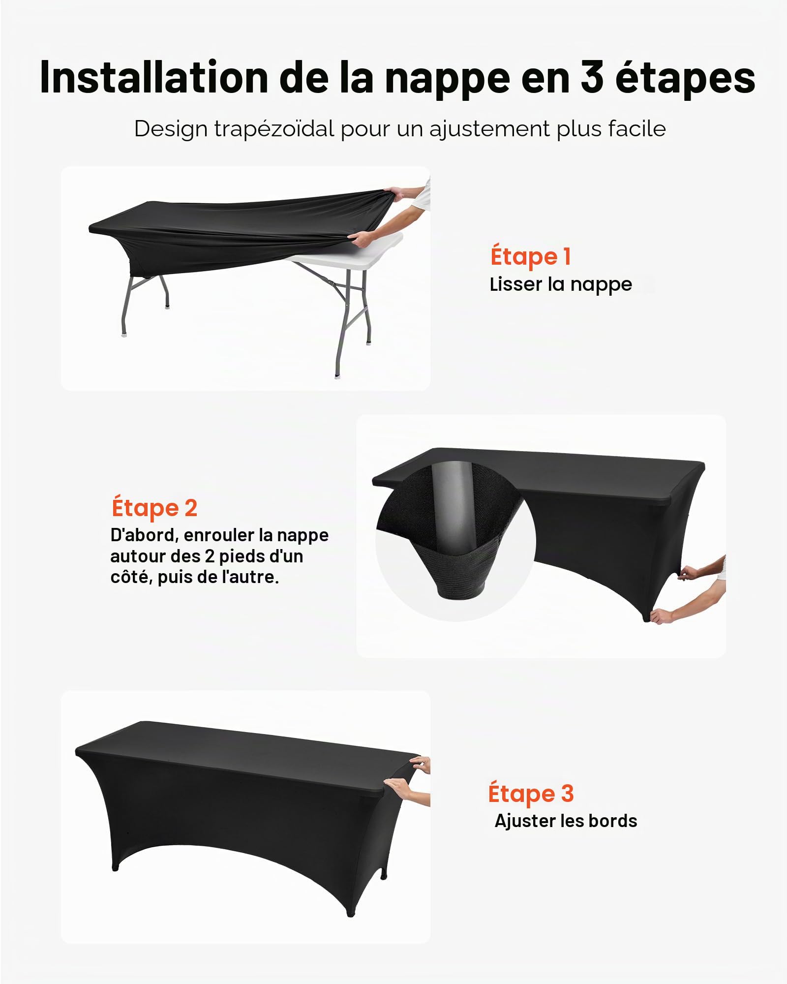 VEVOR Nappe Extensible rectangulaire 183 x 76 x 76 cm, Couverture de Table Infroissable en Polyester et élasthanne, Lot de 3, Lavable en Machine, pour fête, Mariage, Cocktail, Banquet, Festival, Noir