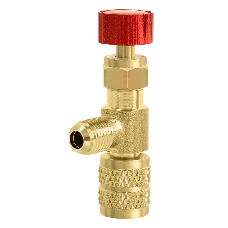 Válvula de carga de refrigerante Houoto CD2080 R410, macho de 6,35 mm (1/4 pol.) para fêmea de 7,94 mm (5/16 pol.), vermelha