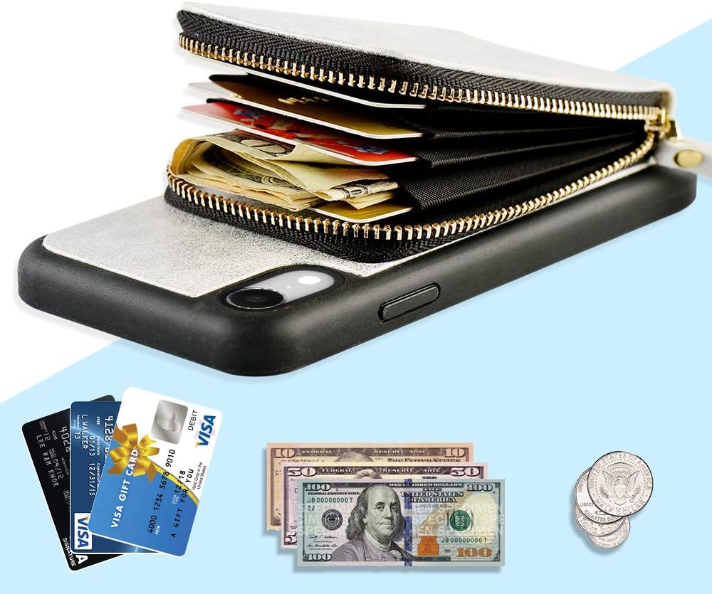 iPhone XR Wallet case, JLFCH iPhone XR Card Holder Case with Crossbody Wrist Strap Leather Zipper Purse Mini Handbag Shockproof Protective Back Cover Case for Apple iPhone XR 6.1 inch - Silver