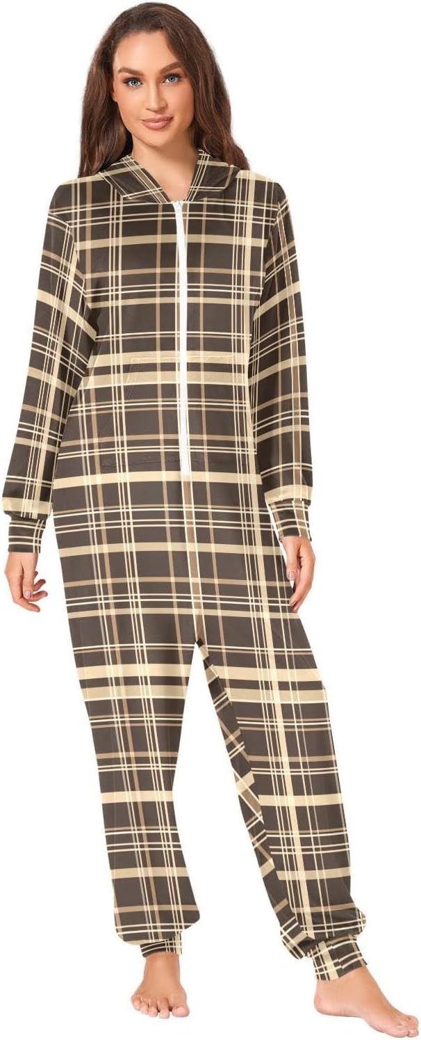 ZZKKO Brown Plaid Adult Onesie Pajamas for Women Men Cozy One Piece Pajamas Costume Zip-Up Hooded S-XL