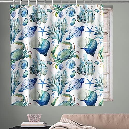 Kntiline Ocean Coastal Shower Curtain Seashell Starfish Nautical Theme Fabric Beach Bathroom Sets Decor With Hooks Waterproof Washable (72" L X 72" W) #TOP1