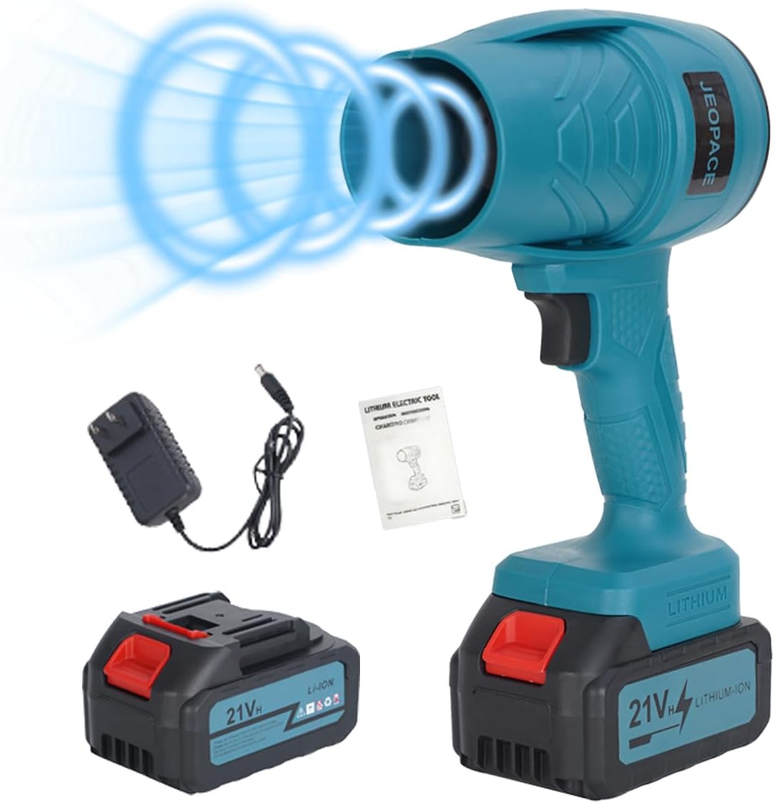 Electric Leaf Blower, Mint Green, 21V Lithium Battery Powered, Cordless, Handheld Design, with 3 Batteries, Charger, Storage Case (蓝色*强力电池*2)