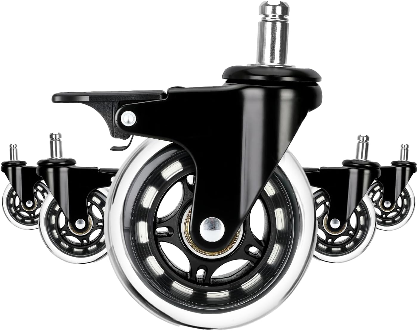 LONGADS Office Chair Caster Wheels with Brakes 5 Packs 3 in for Hardwood Floors and Low Pile Carpet,Heavy Duty Quiet Swivel Replacement -Made from Soft Premium Pu Rubber-Black
