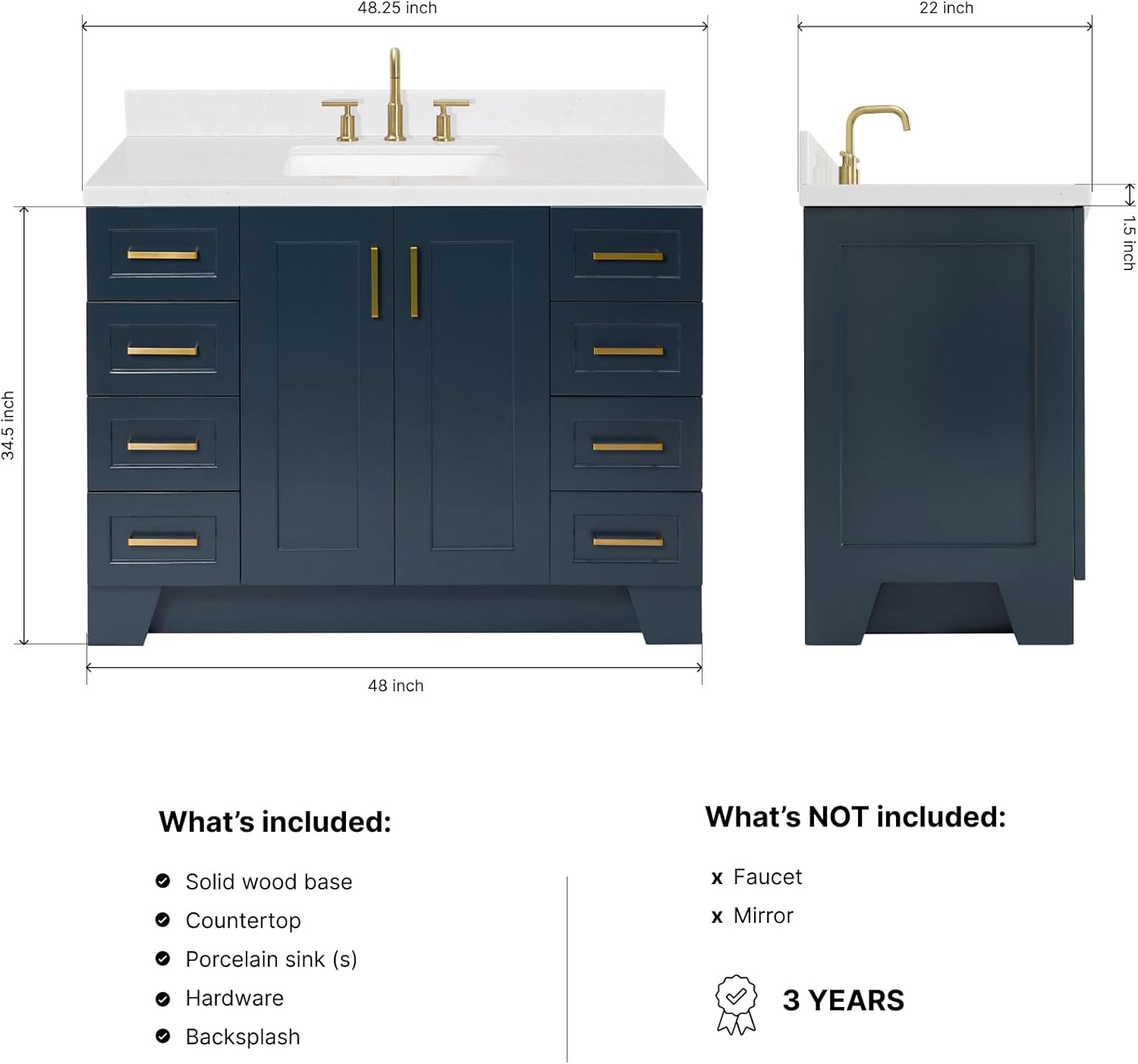 DKB Emilia 48-Inch Bathroom Vanity with Sink — Midnight Blue Single Sink Bathroom Vanity, 1.5" Edge Carrara Quartz Countertop, Solid Wood, 2 Soft Closing Doors, 9 Dovetail Drawers