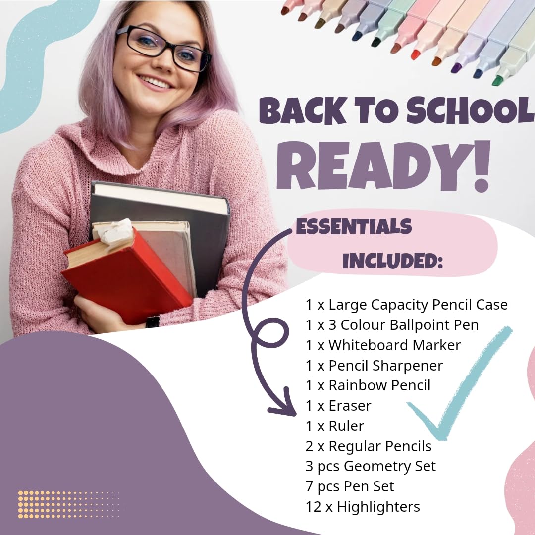 Complete Back to School Aesthetic Stationery Set, Large Pencil Case With School Supplies and College Essentials. Pens. Pencils, Eraser, Sharpener Geometry Set, Highlighters (Pastel Purple/Cream) - Image 2