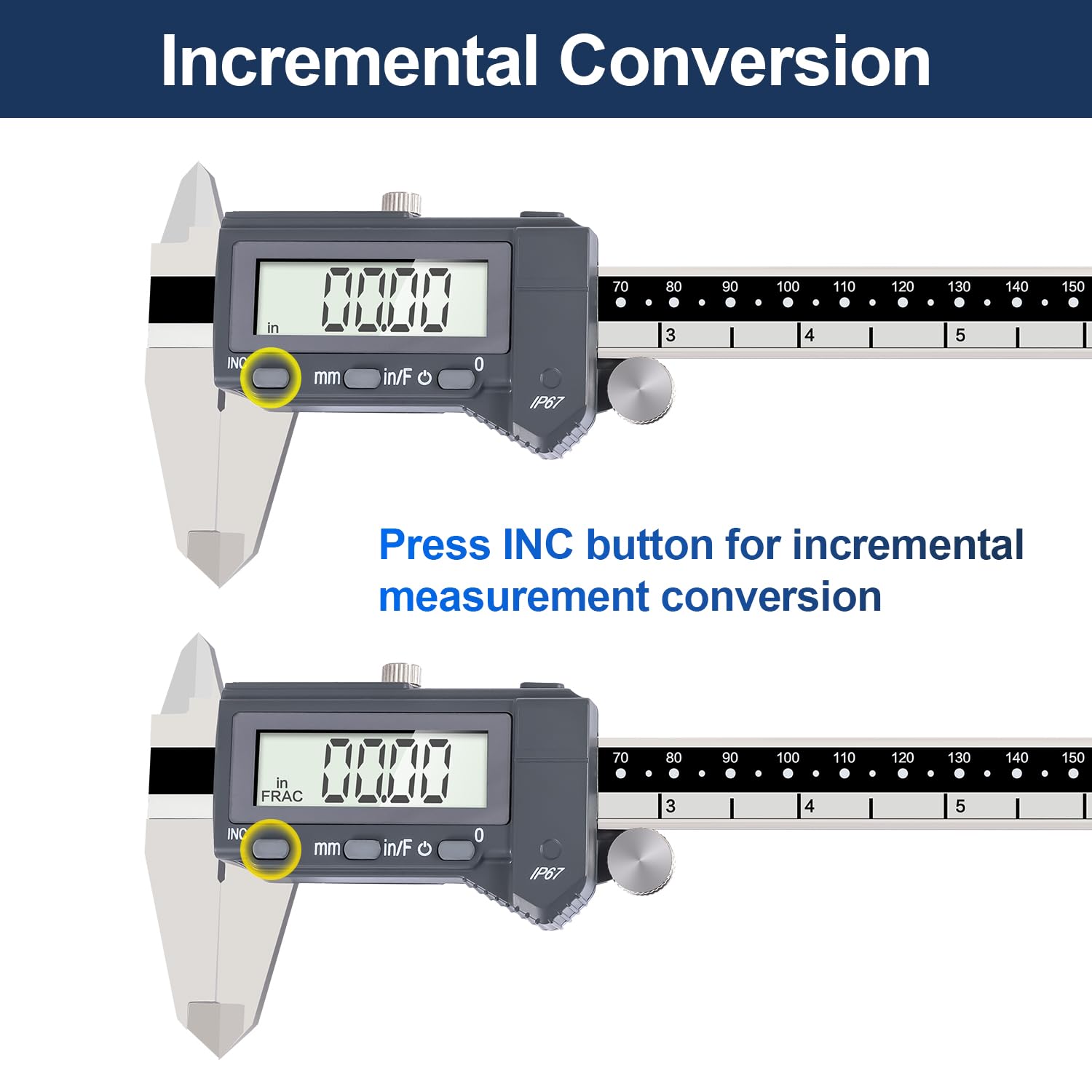 PEC Tools 6 Inch/150mm High Precision Absolute Digital Caliper & Made in US 6 Inch 16R Rule (32nds,64ths,50ths,100ths), IP67 Waterproof & Oil-Resistant, Inch/MM/Fraction Modes