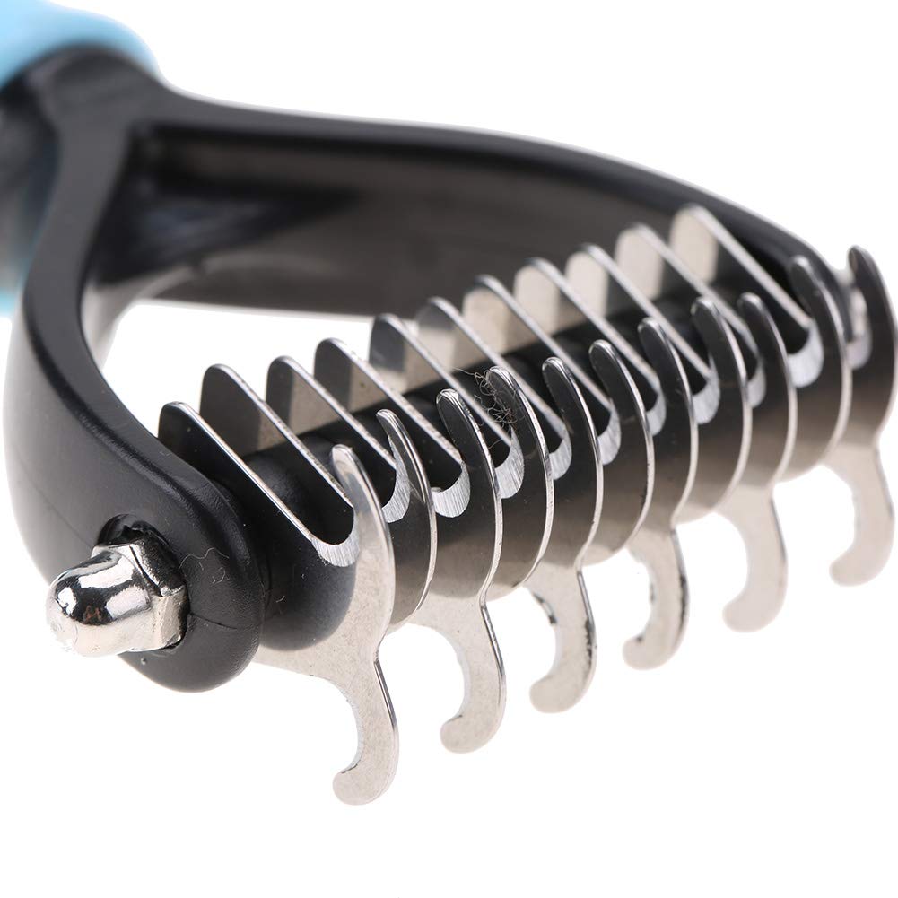 Dematting Comb Tool – dwustronna grabka do usuwania kolców i zaplątanych sierści u kotów i psów, profesjonalna szczotka antykolczasta (kolor niebieski)