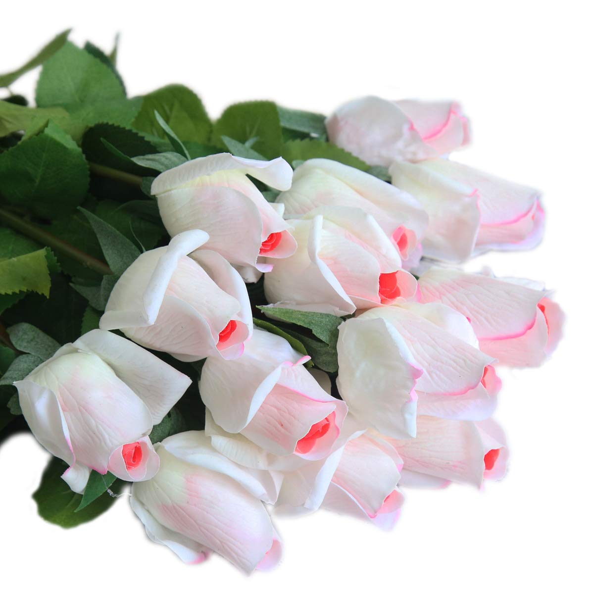 Cn-Knight White With Pink Heart 12Pcs Real Look Artificial Rose Buds, 22 Inch Real Touch Silk Rosebud, Realistic Design Artificial Flower With Real Feel Petals,Silk Flower Bud For Wedding Home Décor,