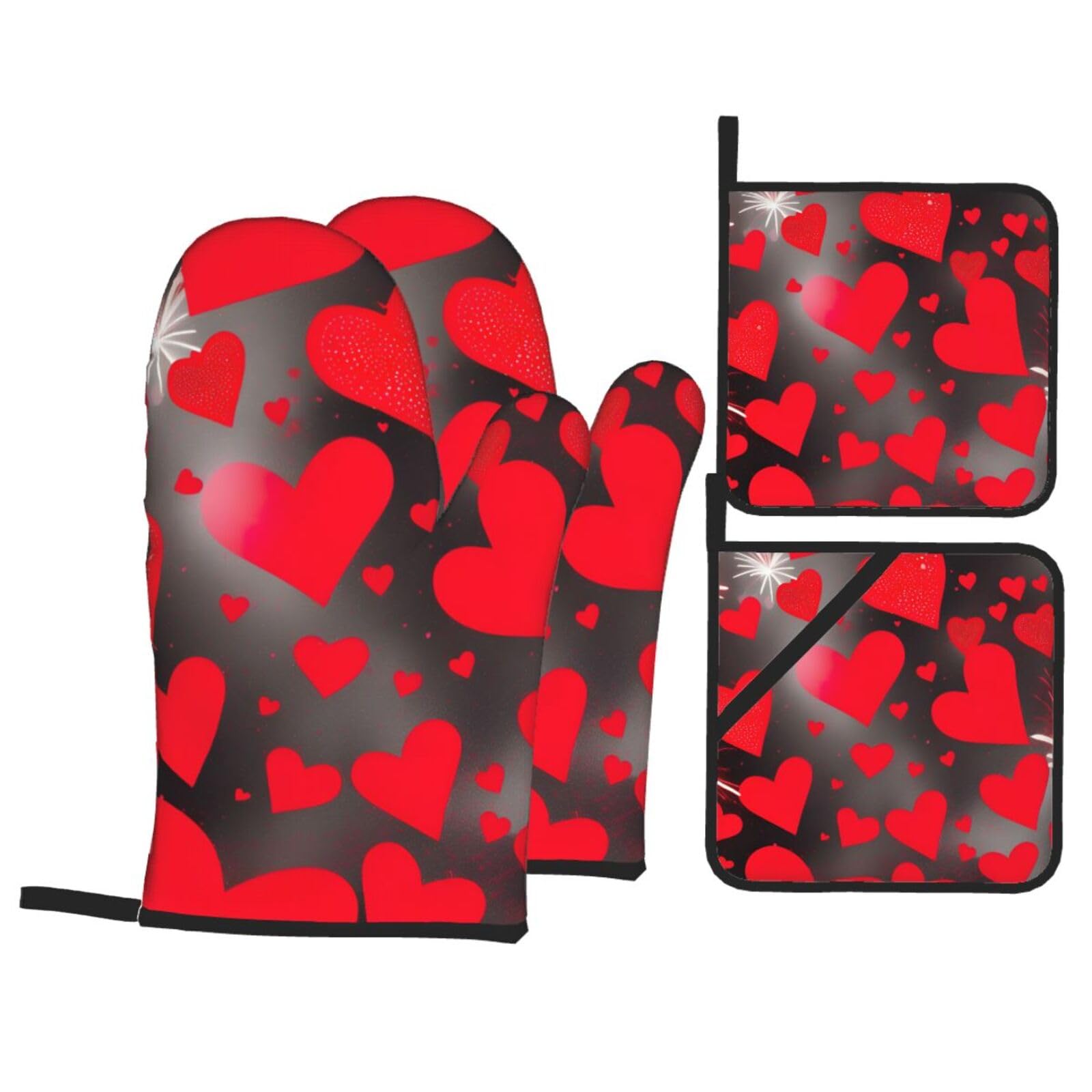 Red Hearts Firework Print 4-Piece Oven Microwaving Set Kitchen Gloves for Holiday Cooking Baking Grilling