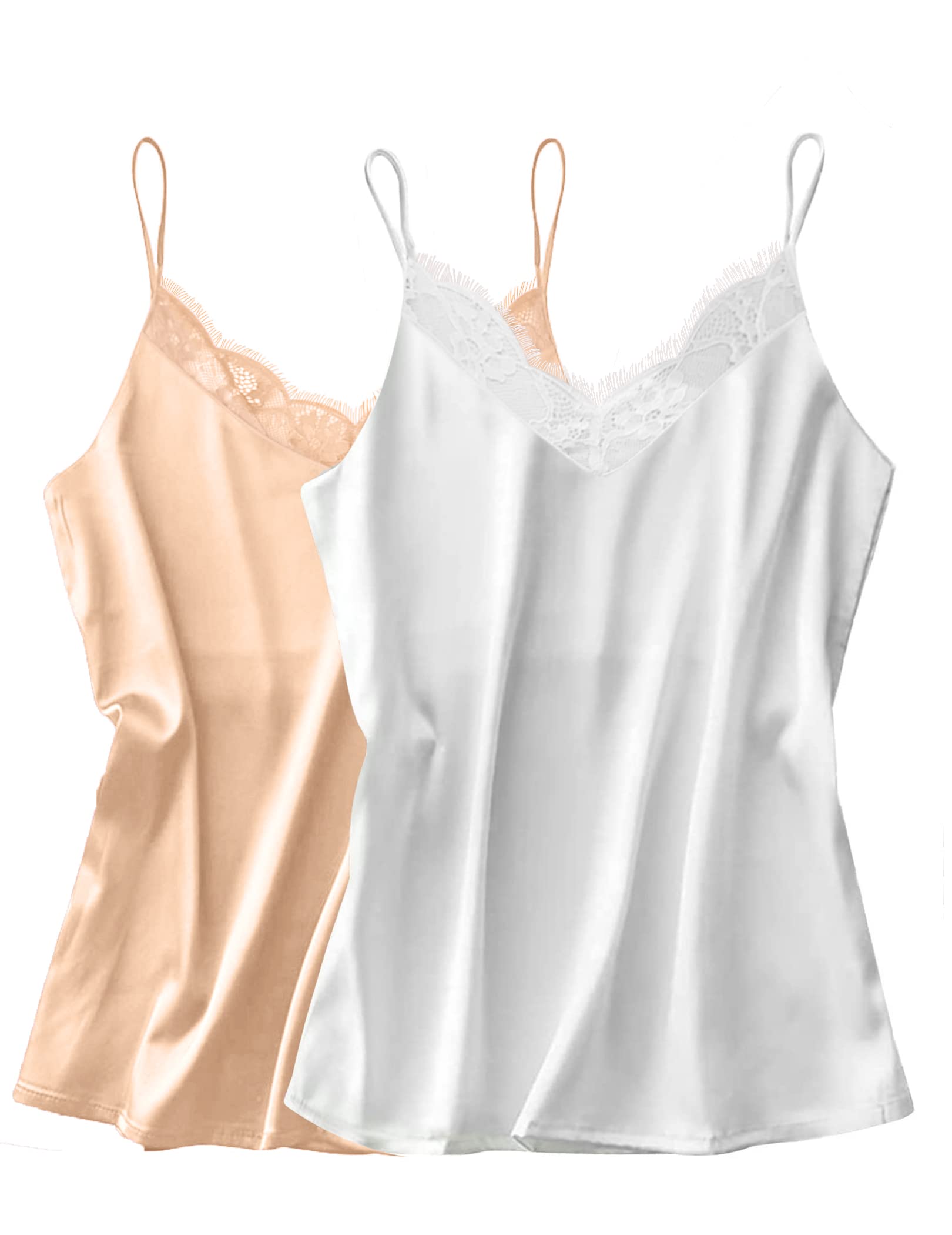 Ekouaer Camisetas sin Mangas de Satén Conjunto de 2 con Encaje para Mujer Sexys Camisetas de Seda con Tirantes Finos y Cuello en V