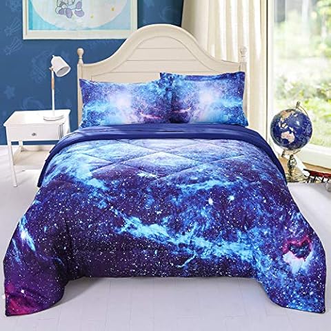 Wowelife Galaxy Bedding Twin Outer Space Comforter Set 5 Pieces Blue Cosmic Galaxy Bed Set Kids Bed in A Bag Twin for Teen Boys and Girls with Comforter, Flat Sheet, Fitted Sheet and 2 Pillowcases Cover