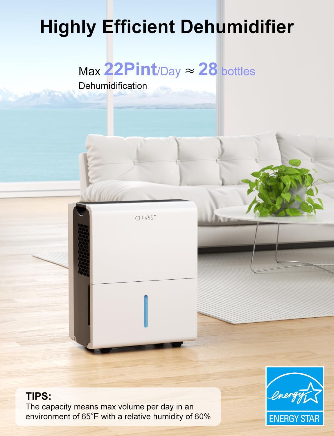 CLEVAST 1,500 Sq. Ft Smart Wi-Fi Dehumidifier with App Energy Star, 20 Pint Dehumidifier with Reusable Air Filter for Basement, Bedrooms, Bathrooms, Living Room, Garage, Compatible with Alexa