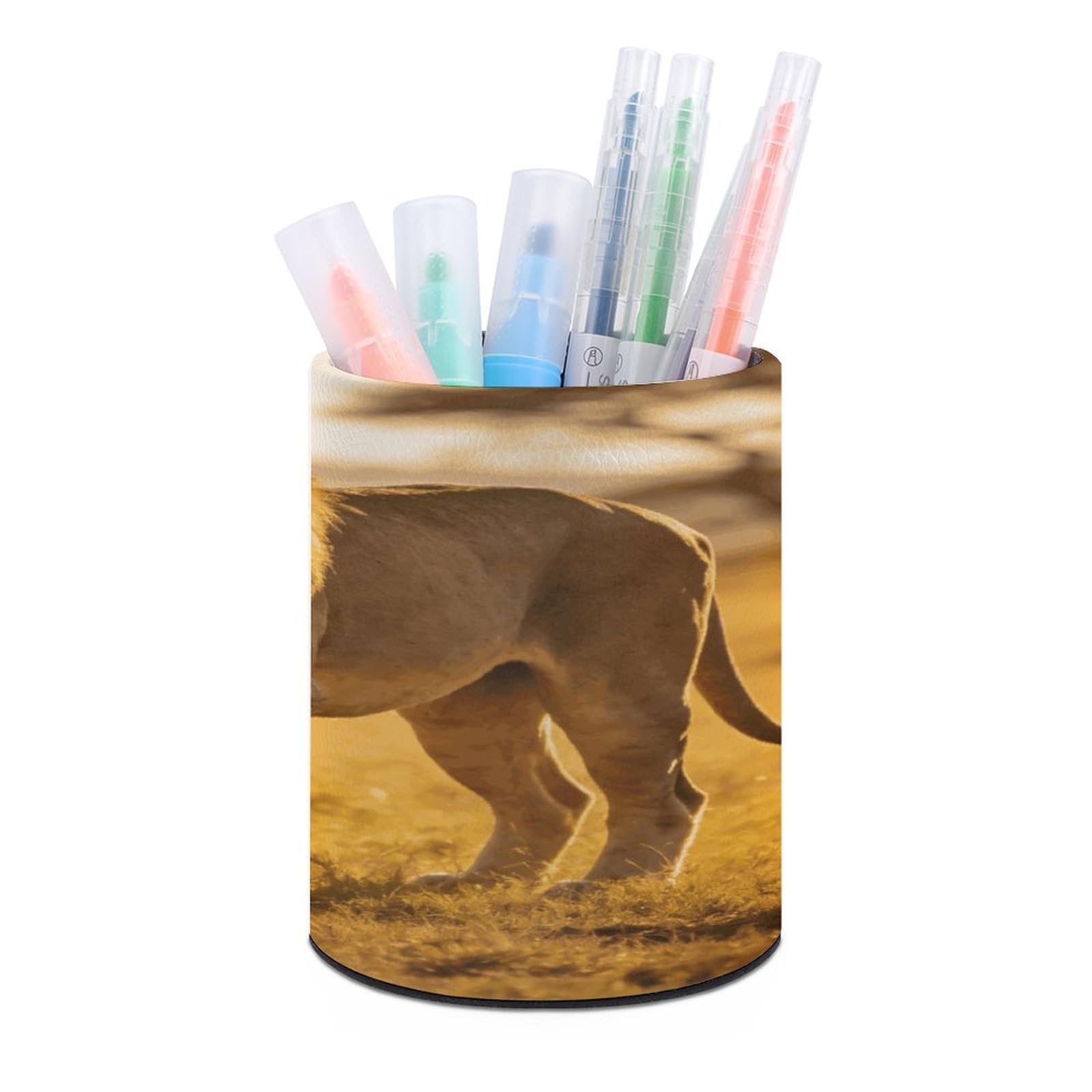 LZQPOEAS Wild Lion of The Wilderness Pen Holder for Desktop Organizer Storage Case Modern Minimalist Pen Cup Round Pencil Holder PU Leather Pencil Cup Multi-Functional Office Supplies for Home