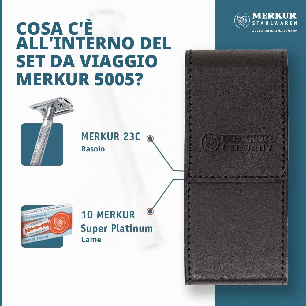 MERKUR Set da barba da viaggio 5005 con rasoio di sicurezza MERKUR 23C in tre pezzi con manico lungo e finitura cromata lucida, 10 lame a doppio bordo e custodia in pelle nera, prodotto in Germania
