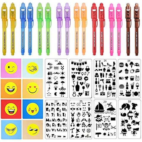 Ulifeme 16pcs UV Pens + 8pcs Small Notebook + 8 Kinds of Drawing Stencils Set for Kids Party, Spy Magic Secret Pen with Invisible Ink and UV LED Light, Gift Toy Kit for Birthday Party & Party Favours Cover